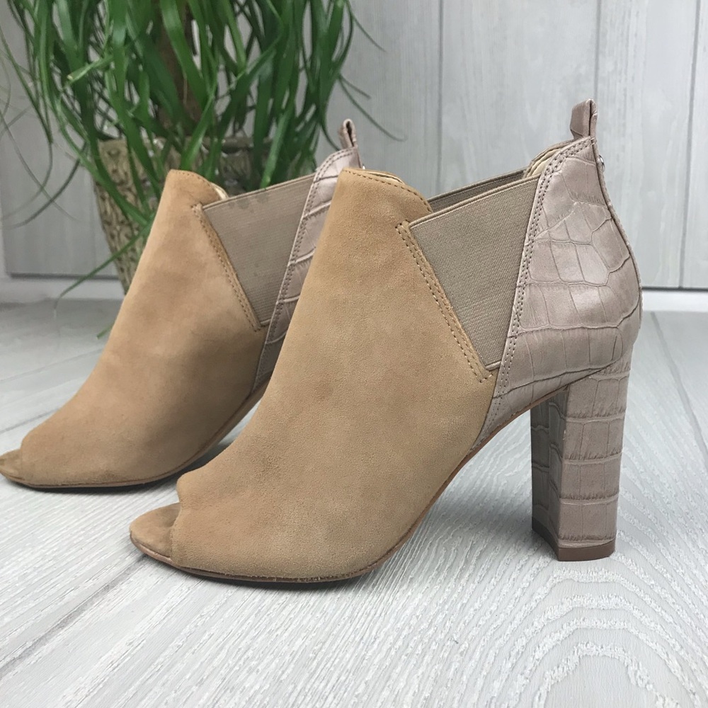 Marc Fisher Tan Suede Open Toe Block Heel Booties… - image 1